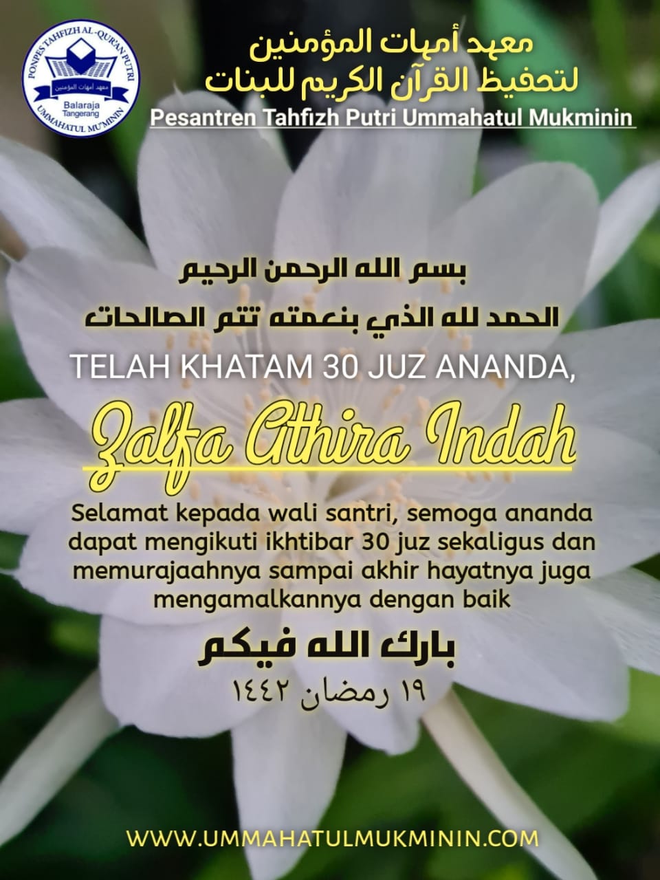 Selamat Kepada Ananda Zalfa Athira Indah